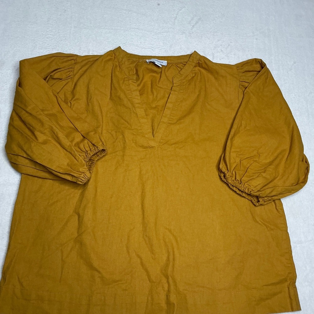 Calligraphie Mustard Yellow Linen Blend V‎ Neck Puff Sleeve Top Size L